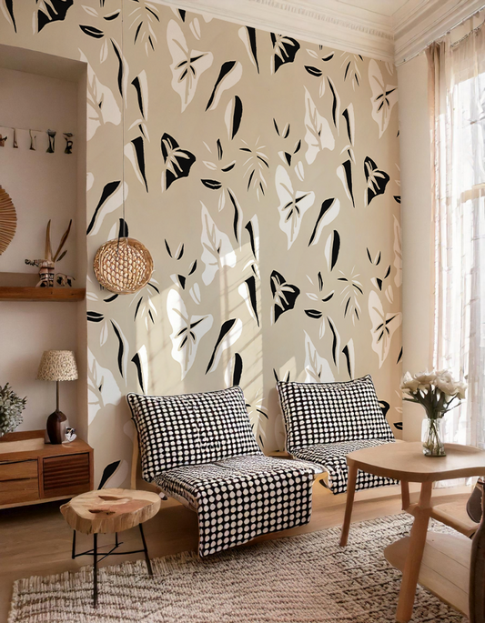 Block Print Foliage Wallpaper, tan and black - Tampa Home & Garden Store