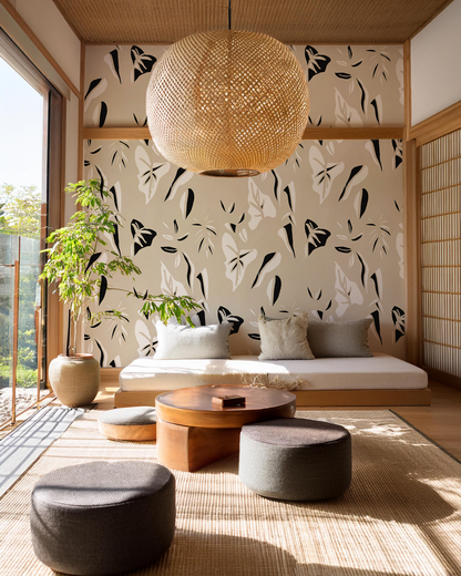 Block Print Foliage Wallpaper, tan and black - Tampa Home & Garden Store