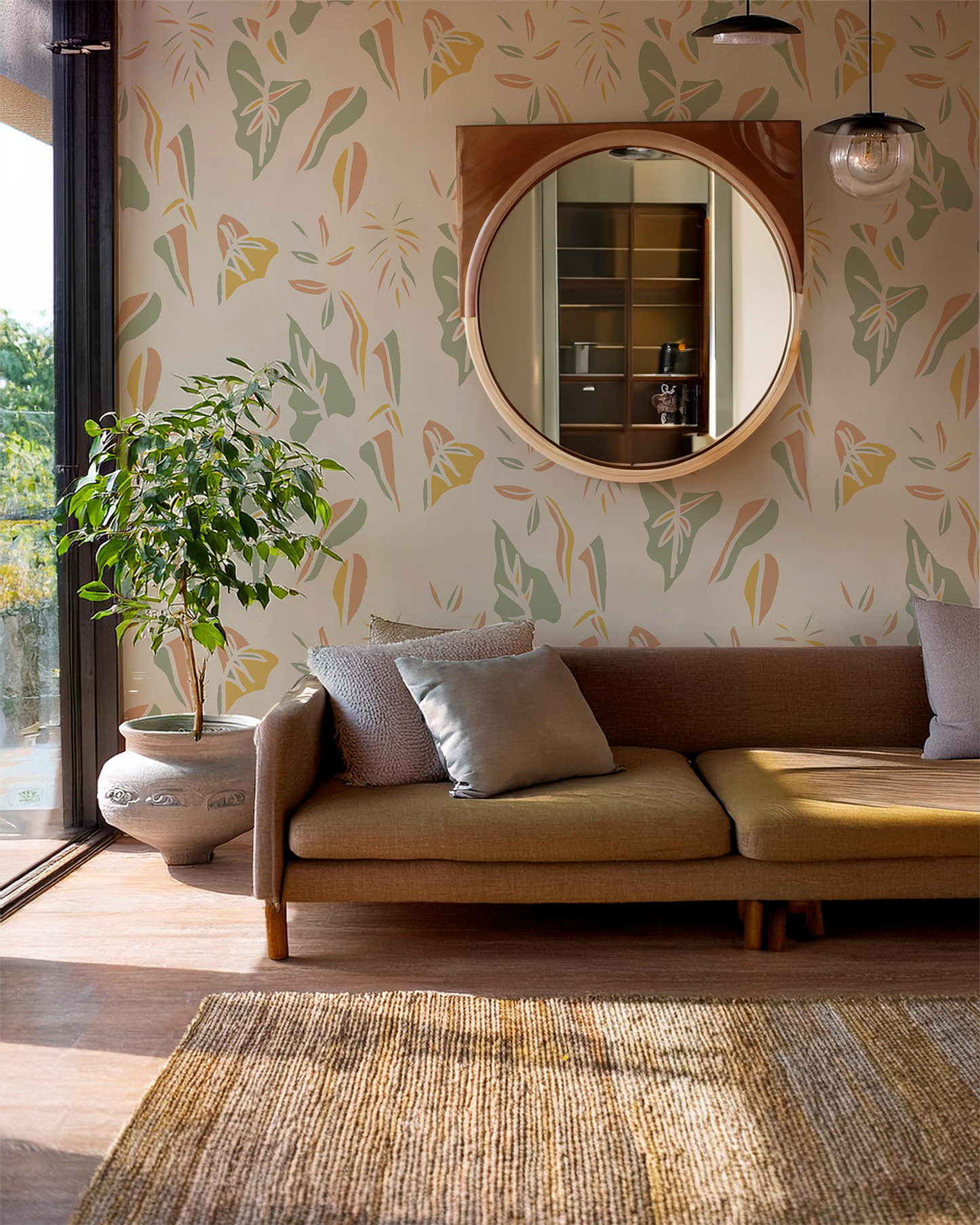 Block Print Foliage Wallpaper, tan and mint - Tampa Home & Garden Store