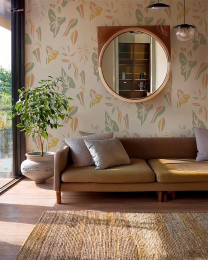 Block Print Foliage Wallpaper, tan and mint - Tampa Home & Garden Store
