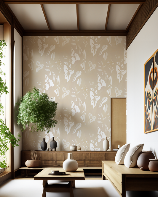 Block Print Foliage Wallpaper, tan and off-white - Tampa Home & Garden Store