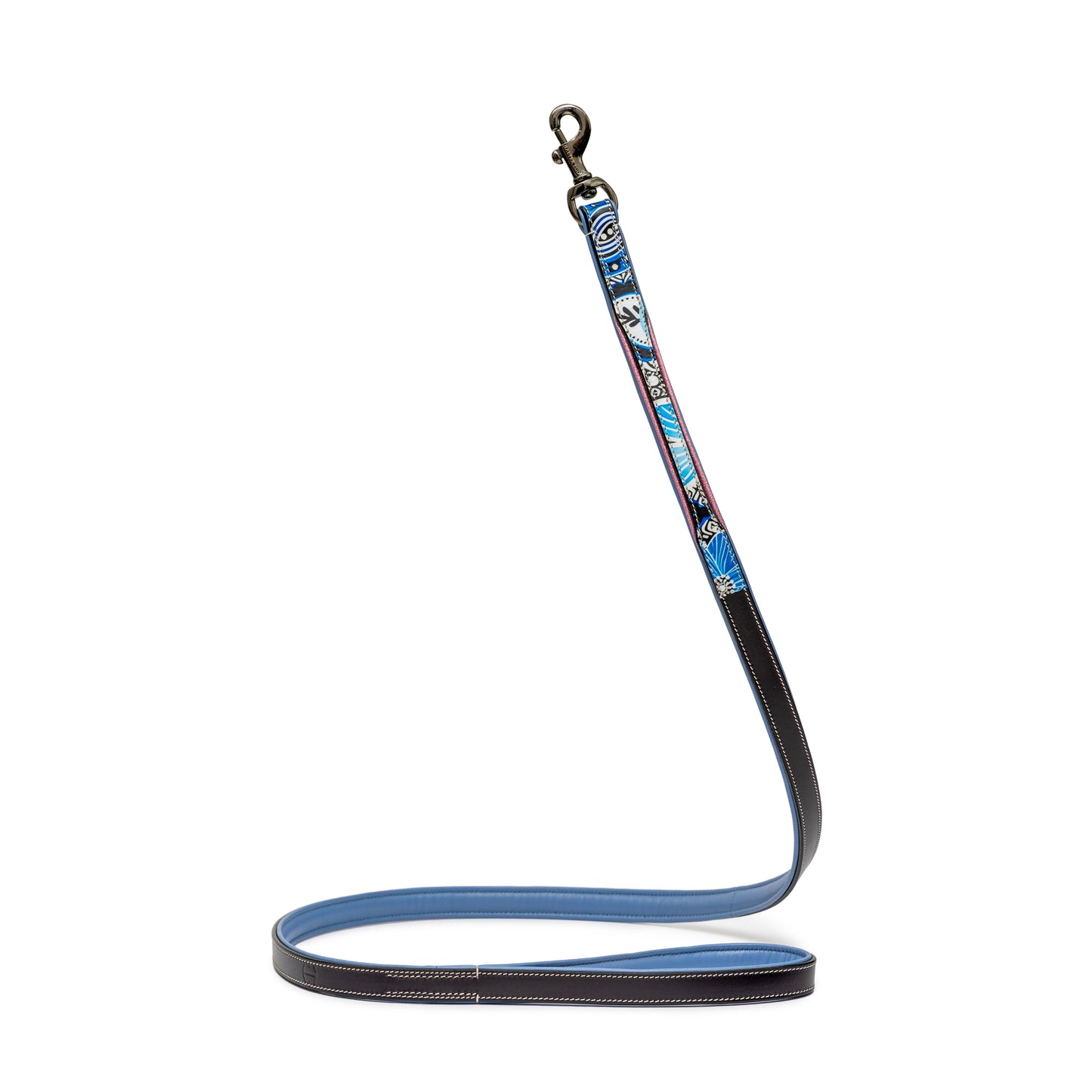 Blossom Leather Dog Leash by Halter Ego, blue patterned leather with silver clip on Tampa Home & Garden Store