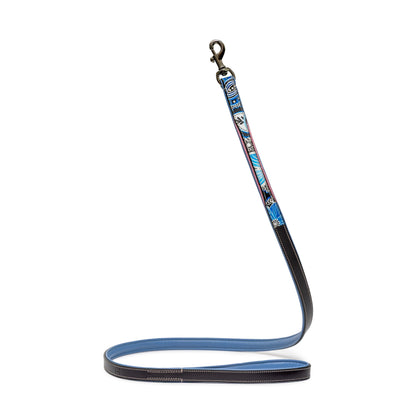 Blossom Leather Dog Leash by Halter Ego, blue patterned leather with silver clip on Tampa Home & Garden Store