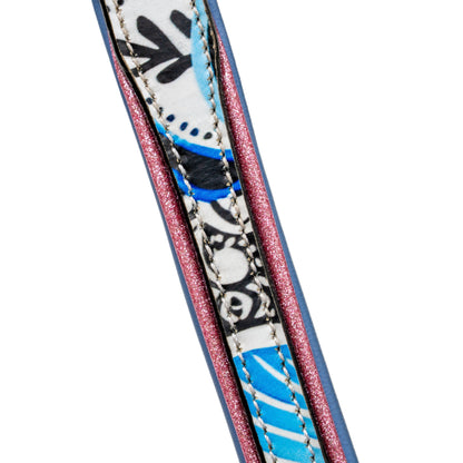 The Blossom Leather Dog Leash Halter Ego with pink glitter edges and blue strap on Tampa Home & Garden Store