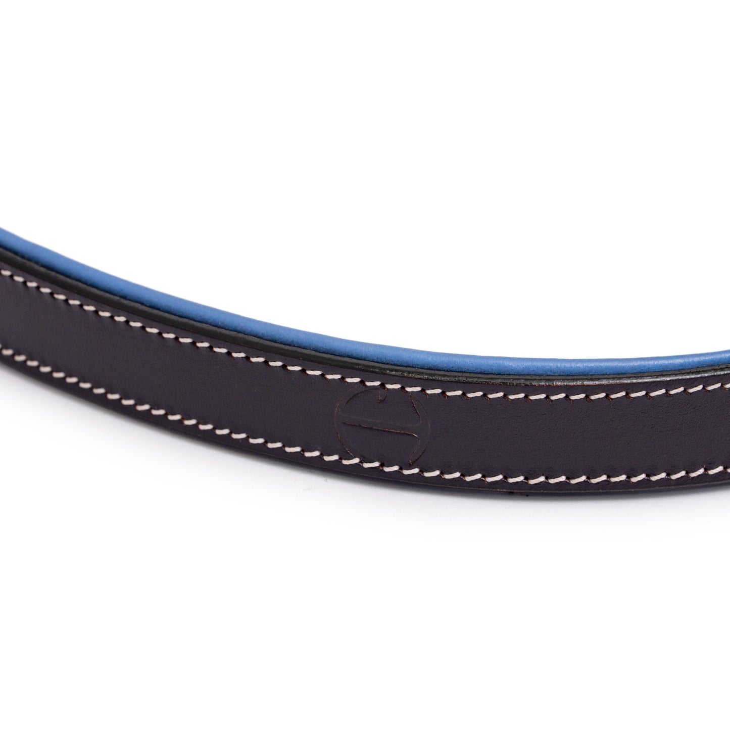 Blossom Leather Dog Leash by Halter Ego, dark brown leather with blue edge on Tampa Home & Garden Store