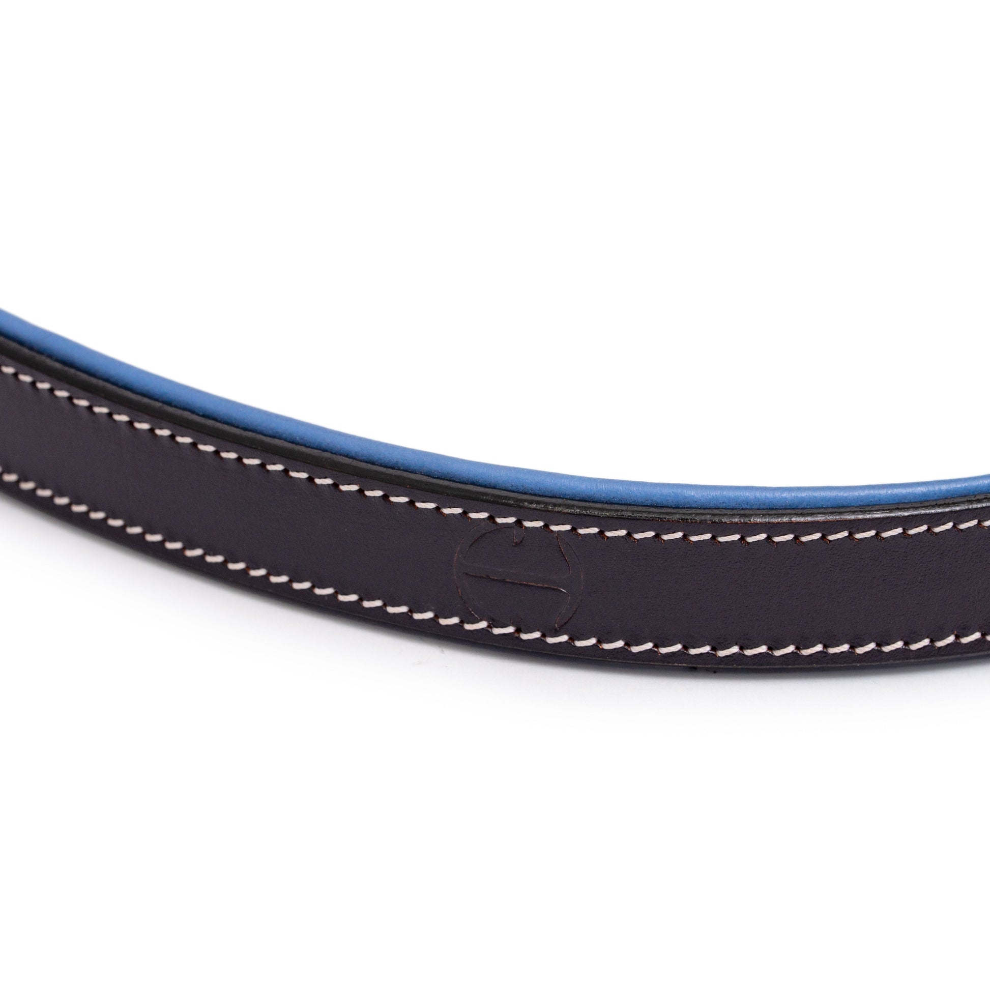 Blossom Leather Dog Leash by Halter Ego, dark brown leather with blue edge on Tampa Home & Garden Store