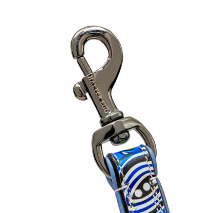 The Blossom Leather Dog Leash by Halter Ego; blue striped strap with chrome clasp on Tampa Home & Garden Store