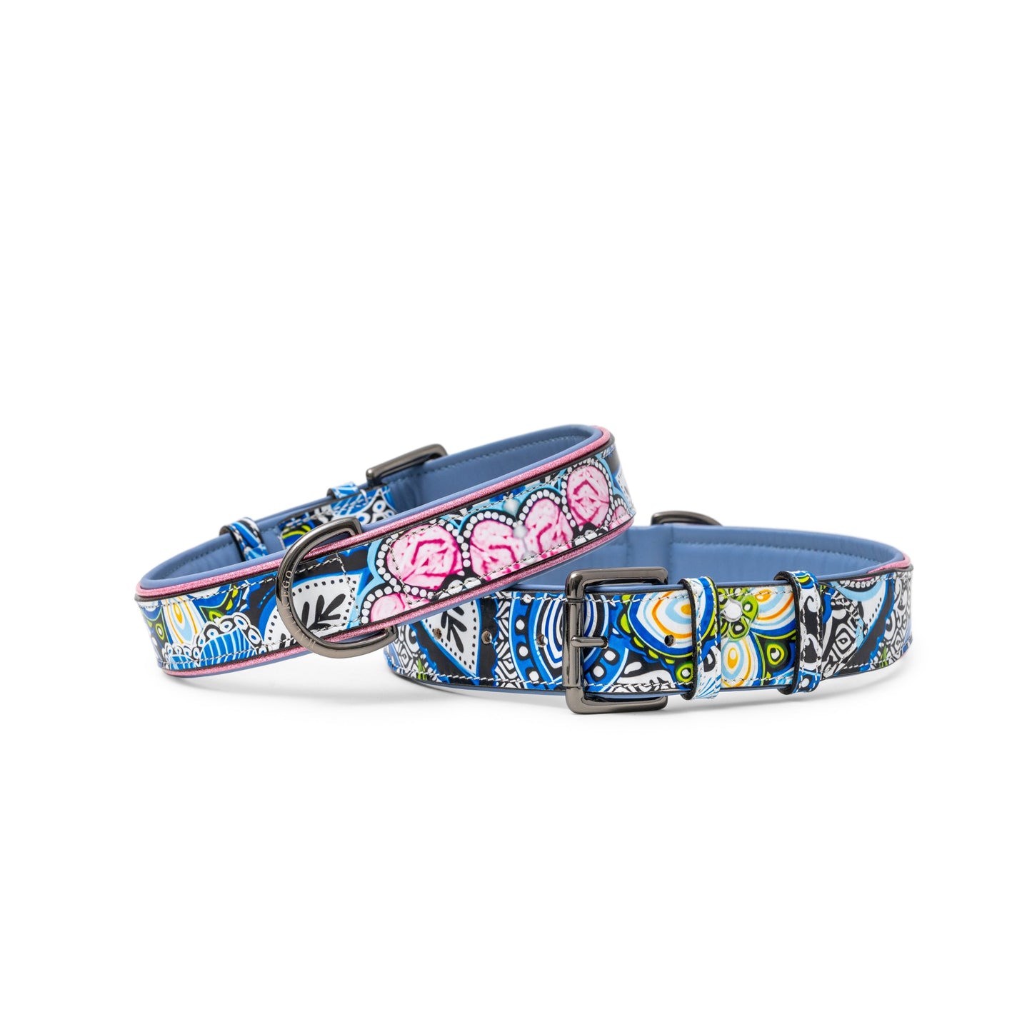 The Blossom Leather Dog Collar blue floral pattern by Halter Ego, 2-collar set on Tampa Home & Garden Store