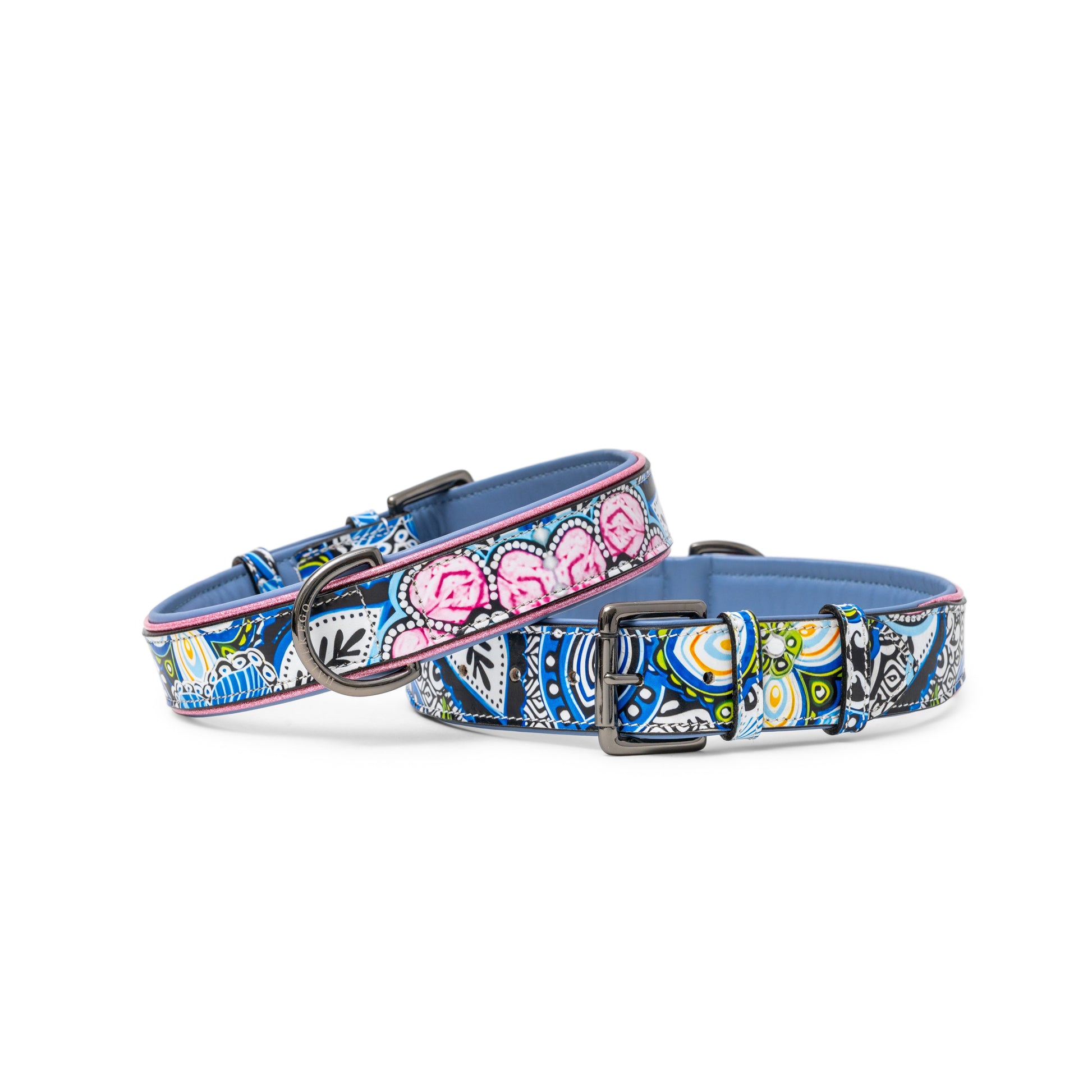 The Blossom Leather Dog Collar blue floral pattern by Halter Ego, 2-collar set on Tampa Home & Garden Store