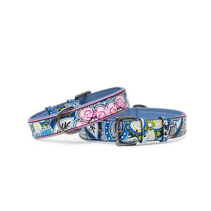 The Blossom Leather Dog Collar blue floral pattern by Halter Ego, 2-collar set on Tampa Home & Garden Store