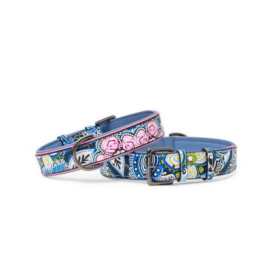 The Blossom Leather Dog Collar blue floral pattern by Halter Ego, 2-collar set on Tampa Home & Garden Store