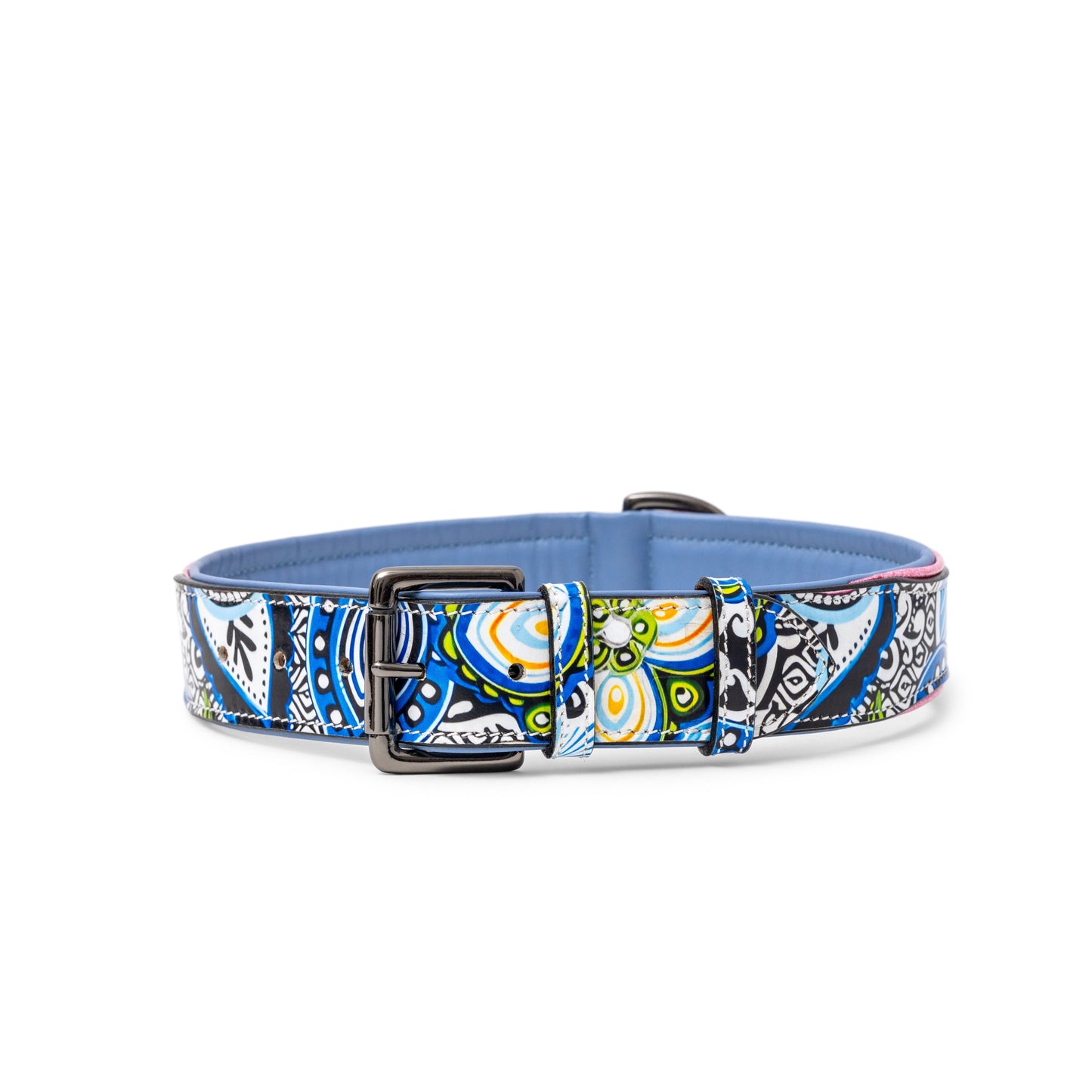 The Blossom Leather Dog Collar by Halter Ego in vibrant blue abstract pattern with metal buckle on Tampa Home & Garden Store