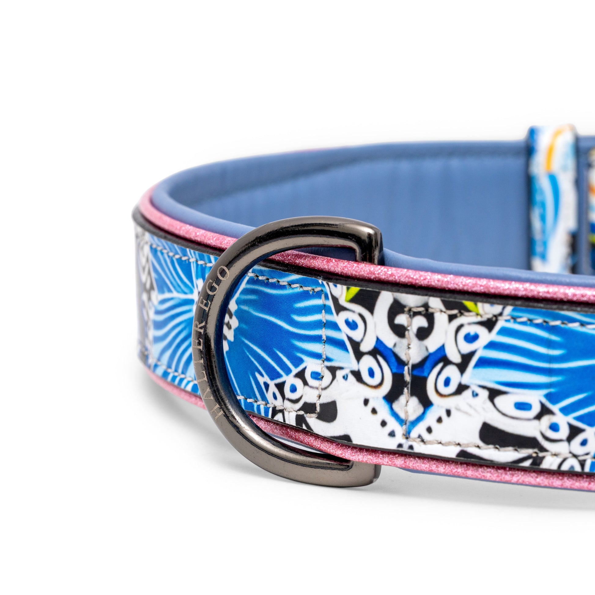 The Blossom Leather Dog Collar by Halter Ego, blue floral with pink edge and metal D-ring on Tampa Home & Garden Store