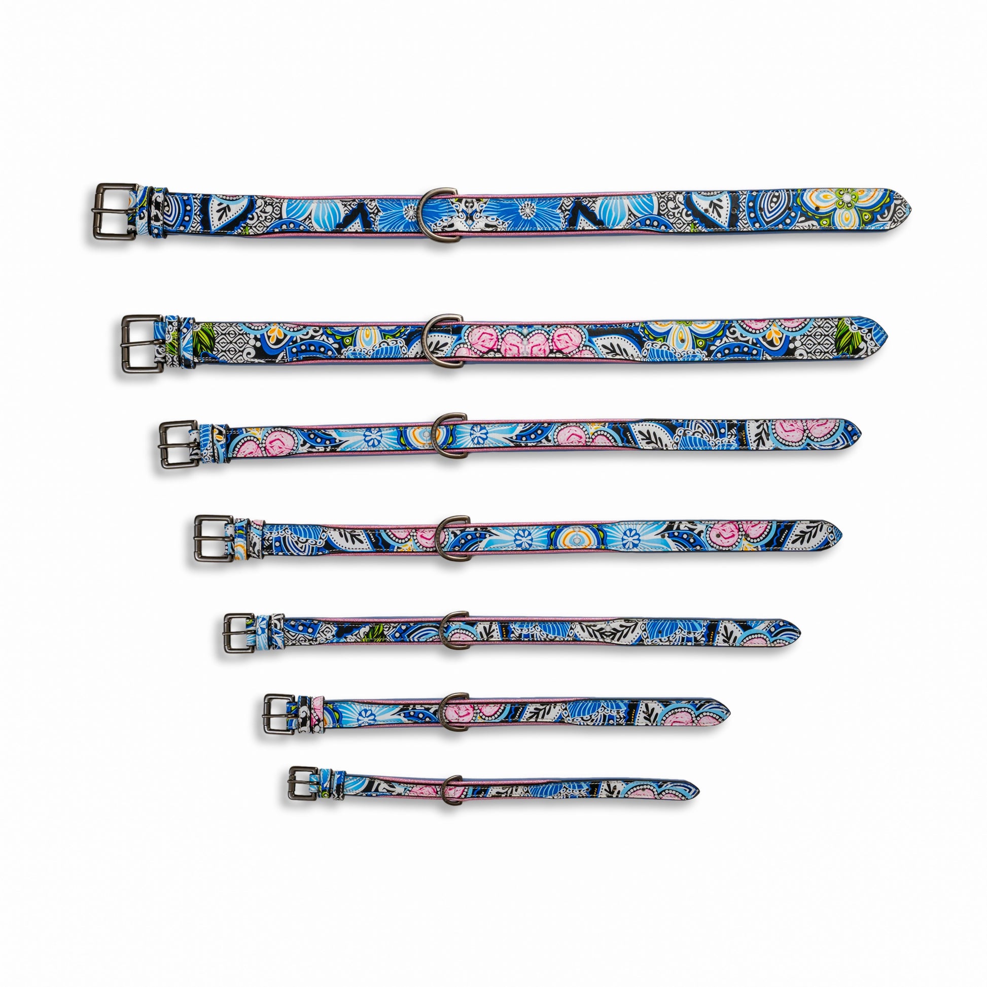Blossom Leather Dog Collar by Halter Ego in blue floral leather with D-ring; 8 patterned collars on Tampa Home & Garden Store