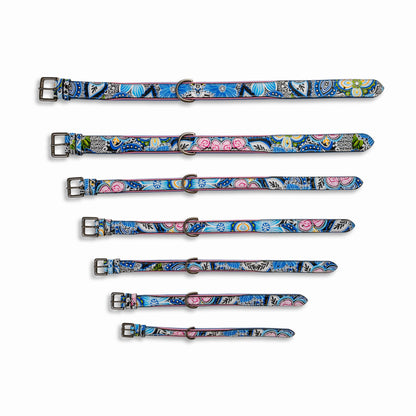 Blossom Leather Dog Collar by Halter Ego in blue floral leather with D-ring; 8 patterned collars on Tampa Home & Garden Store