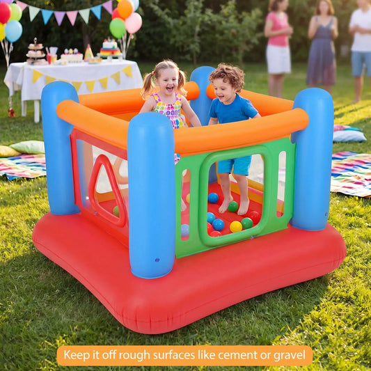 Inflatable bounce house for kids with transparent walls DirectDeals blue posts orange rails on Tampa Home & Garden Store
