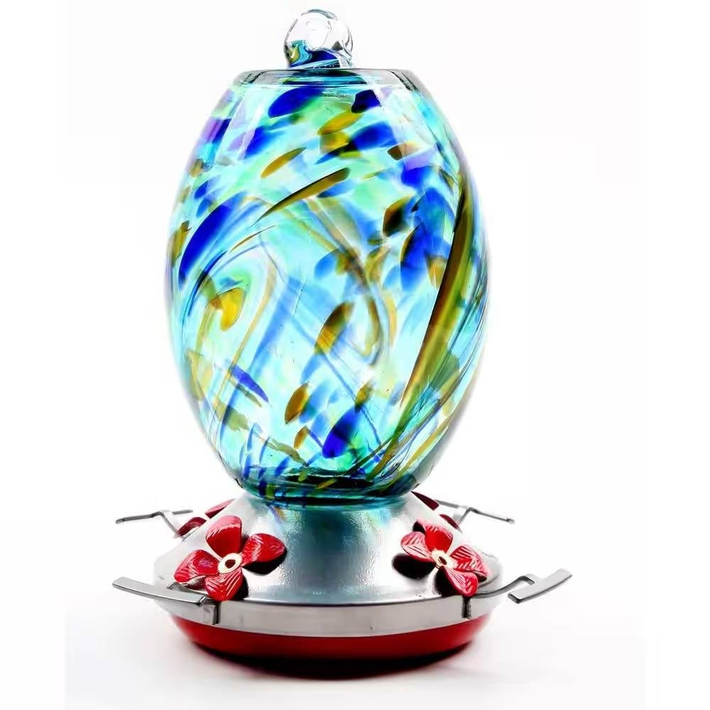 Blue Blown Glass Hummingbird Feeder with Perch and 4 Feeding Ports - Tampa Home & Garden Store