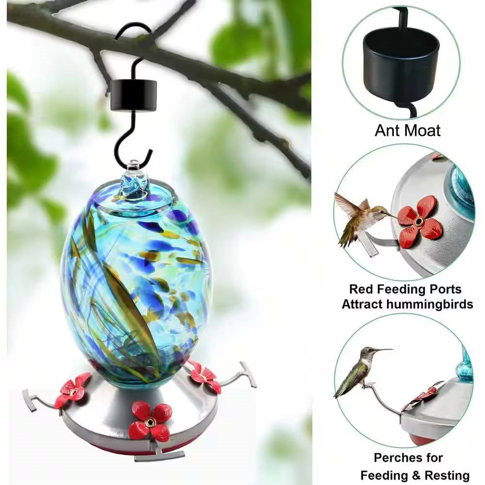 Blue Blown Glass Hummingbird Feeder with Perch and 4 Feeding Ports - Tampa Home & Garden Store