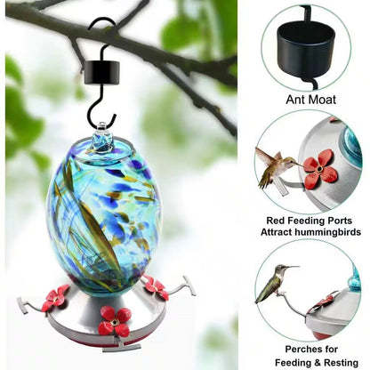 Blue Blown Glass Hummingbird Feeder with Perch and 4 Feeding Ports - Tampa Home & Garden Store