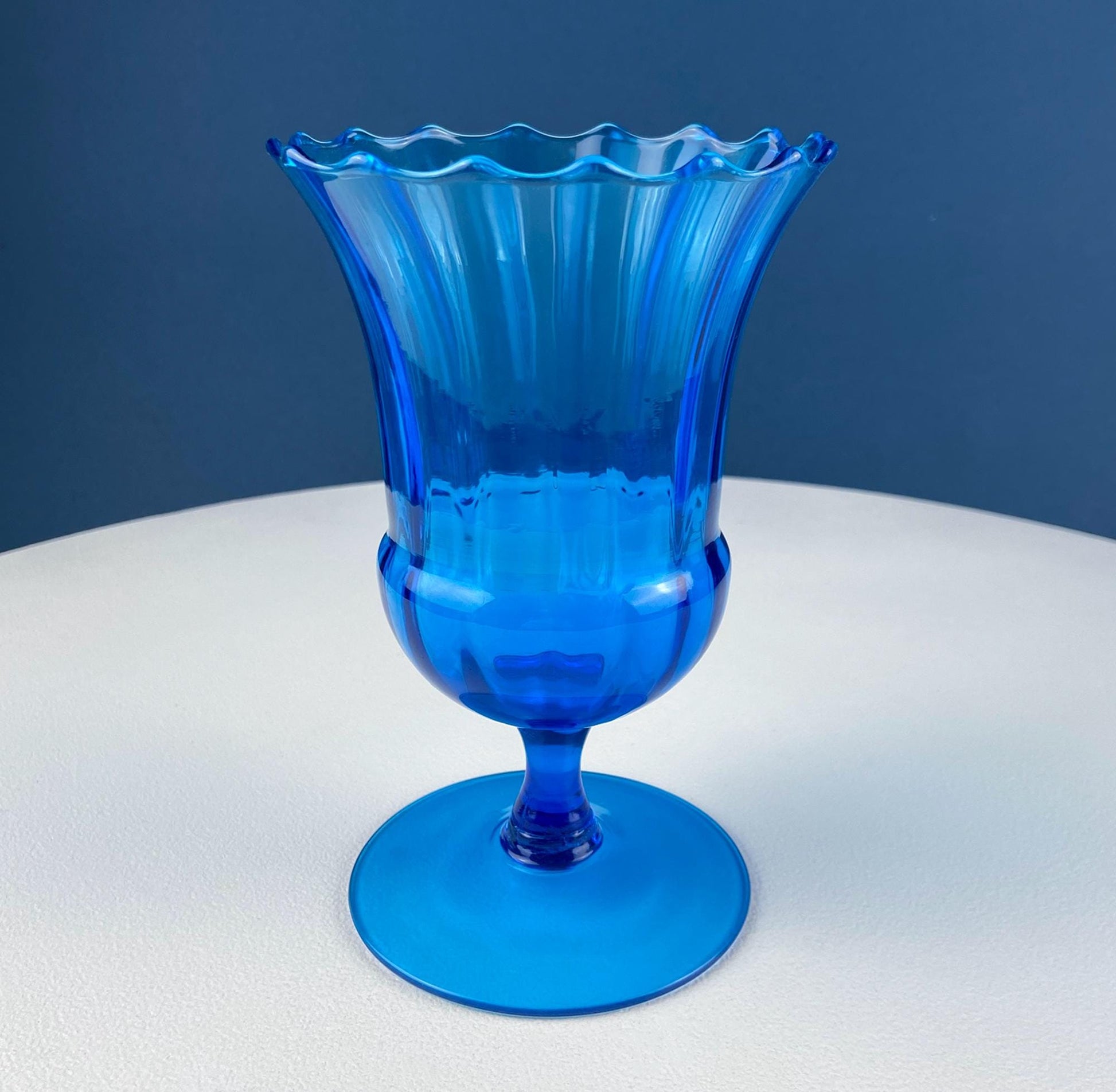 Blue Hand-Blown Glass Footed Vase. Large Goblet with Thumb Print Motif. Collectible Modern Glass. Home or Retail Decor. Interior Design Idea - Tampa Home & Garden Store