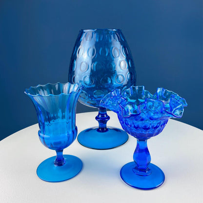 Blue Hand-Blown Glass Footed Vase. Large Goblet with Thumb Print Motif. Collectible Modern Glass. Home or Retail Decor. Interior Design Idea - Tampa Home & Garden Store