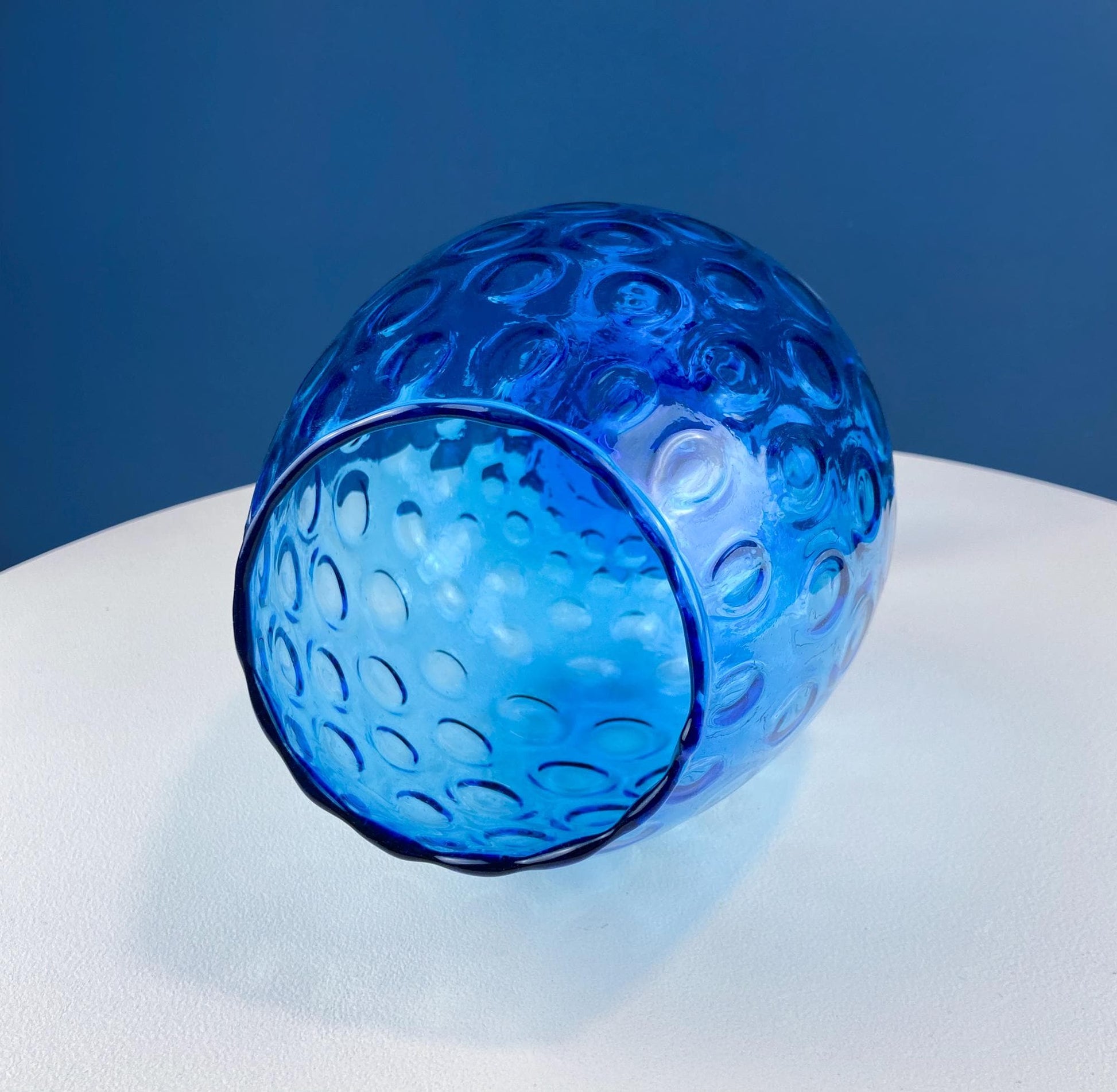 Blue Hand-Blown Glass Footed Vase. Large Goblet with Thumb Print Motif. Collectible Modern Glass. Home or Retail Decor. Interior Design Idea - Tampa Home & Garden Store