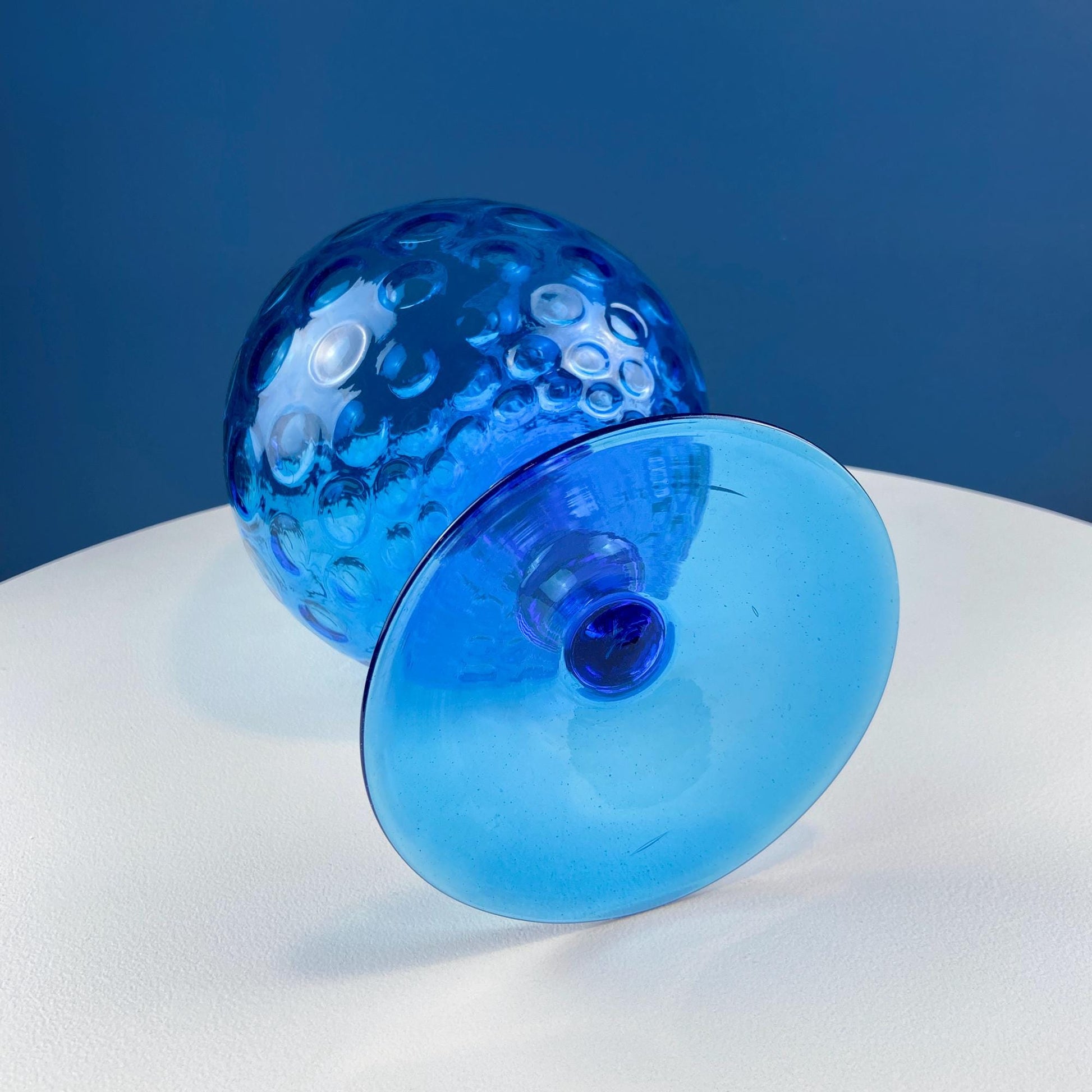 Blue Hand-Blown Glass Footed Vase. Large Goblet with Thumb Print Motif. Collectible Modern Glass. Home or Retail Decor. Interior Design Idea - Tampa Home & Garden Store