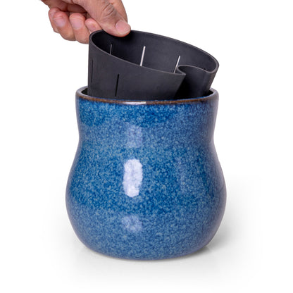 Ceramic plant pot with rubber liner in River Blue glaze, indoor pot by Happy Roots on Tampa Home & Garden Store