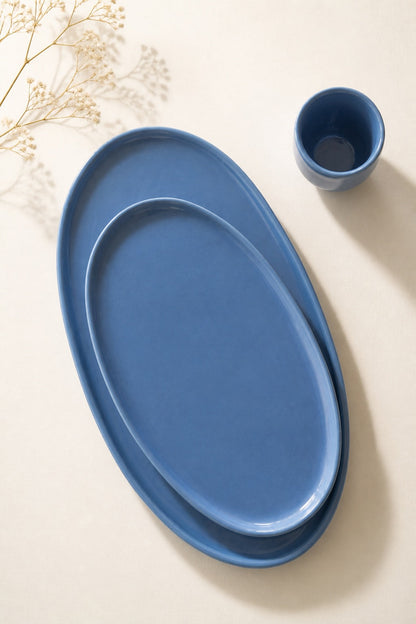 Handmade Oval Serving Platter In Blue Porcelain