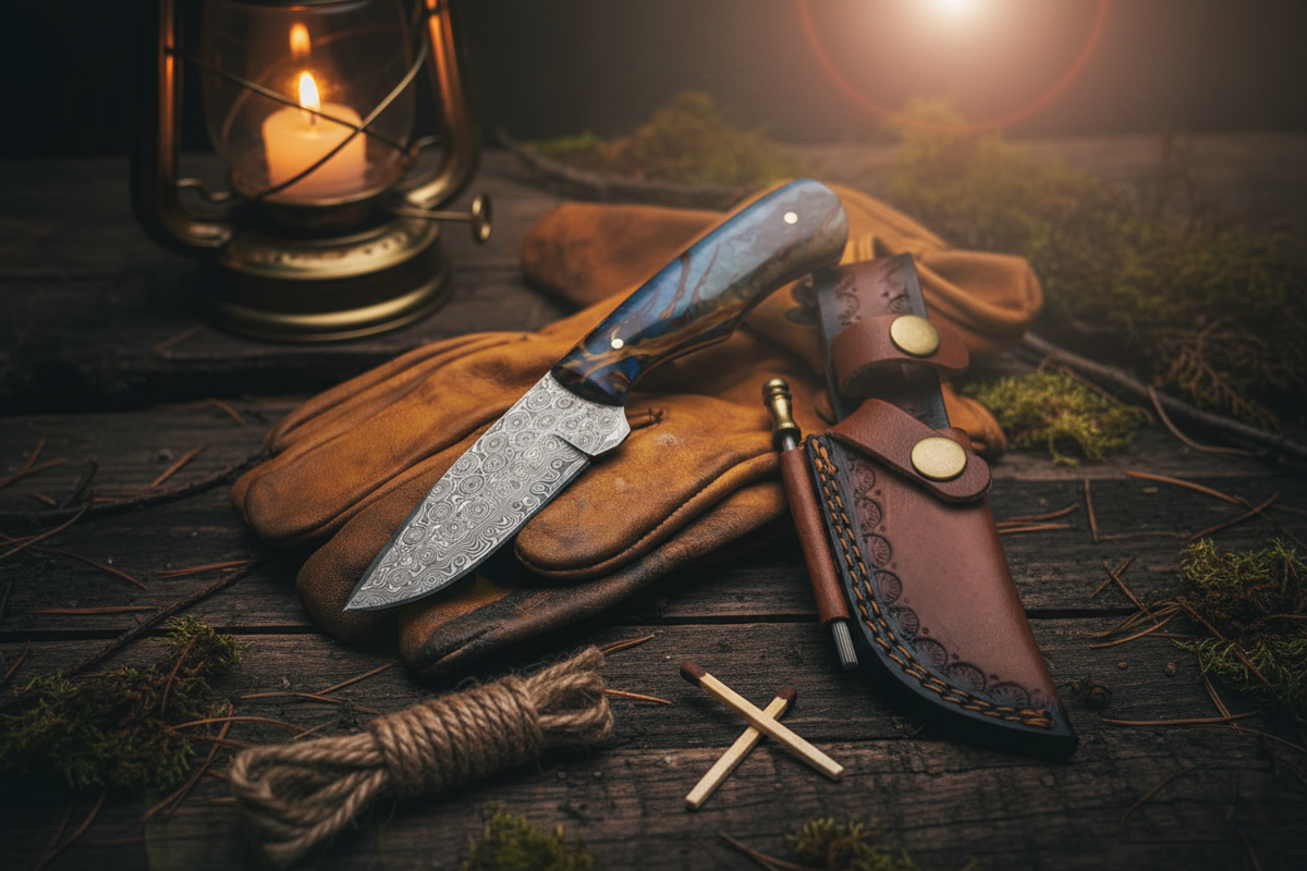 Forestborn Blade TK-455 knife by Titan International K with Damascus blade and blue handle on Tampa Home & Garden Store