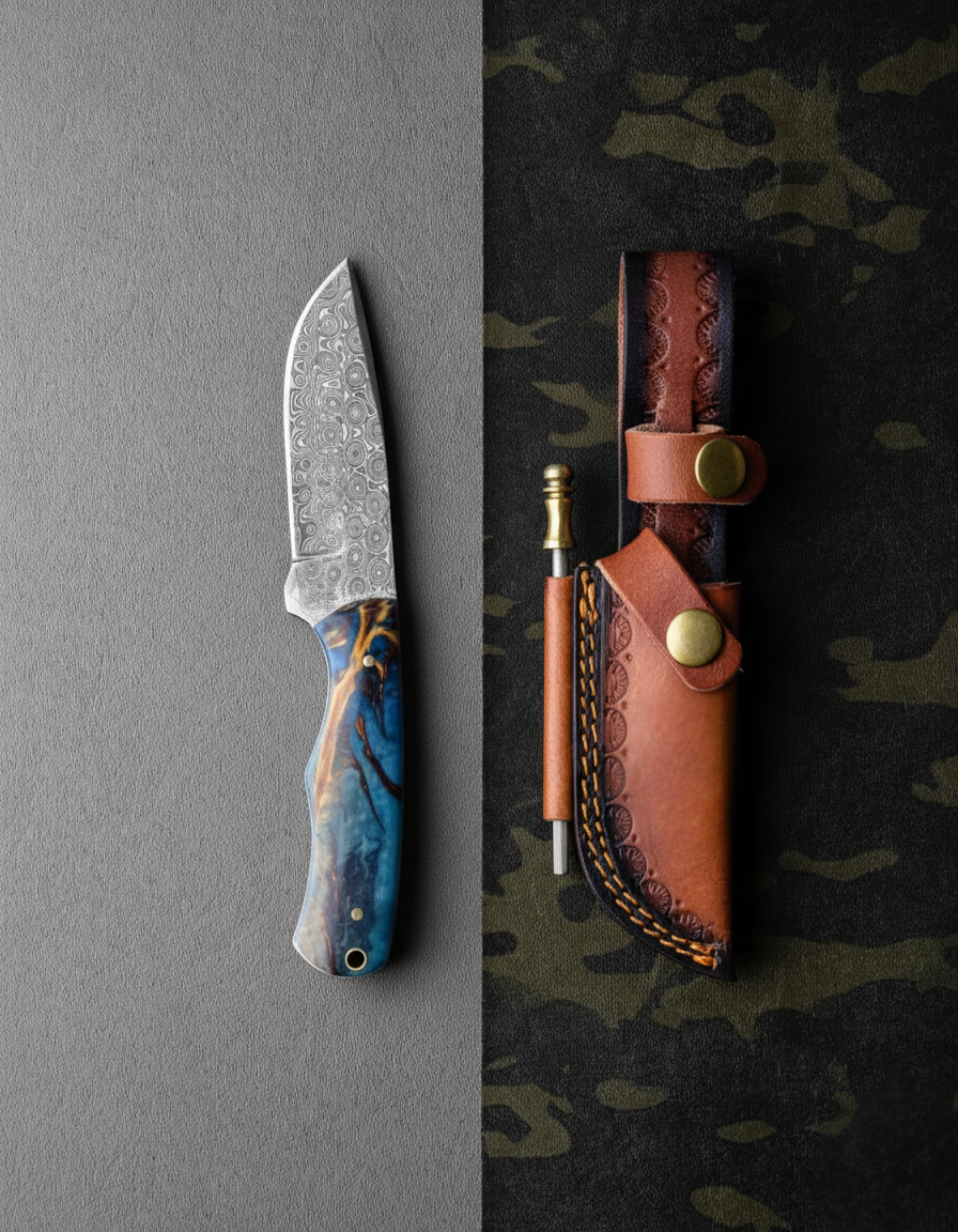 The Forestborn Blade TK-455 locking knife and leather sheath; Damascus blade, blue resin handle on Tampa Home & Garden Store