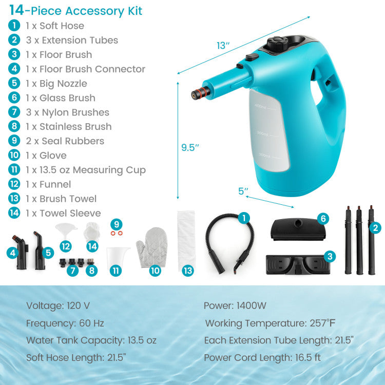 1400W Handheld Steam Cleaner with 14 Accessories & Child Lock