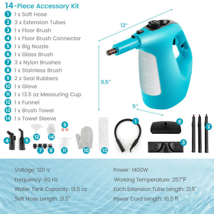 1400W Handheld Steam Cleaner with 14 Accessories & Child Lock