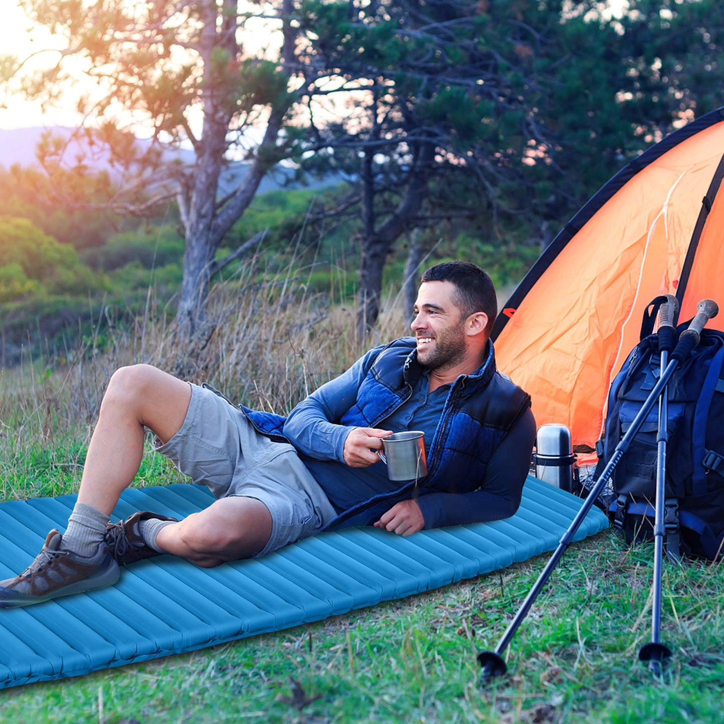 Colchoneta Inflable Impermeable para Camping de 3 Pulgadas de Grosor - Azul