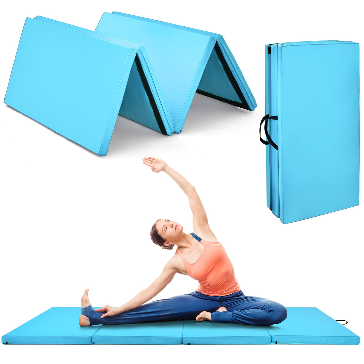 DirectDeals 4-panel folding gymnastics mat with carrying handles in blue for home gym on Tampa Home & Garden Store