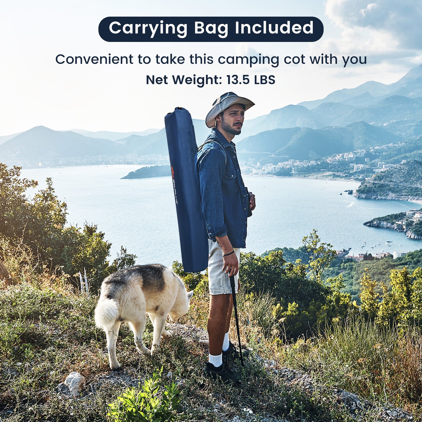Adults Kids Folding Camping Cot GemGear with blue carrying bag on back at scenic coast on Tampa Home & Garden Store