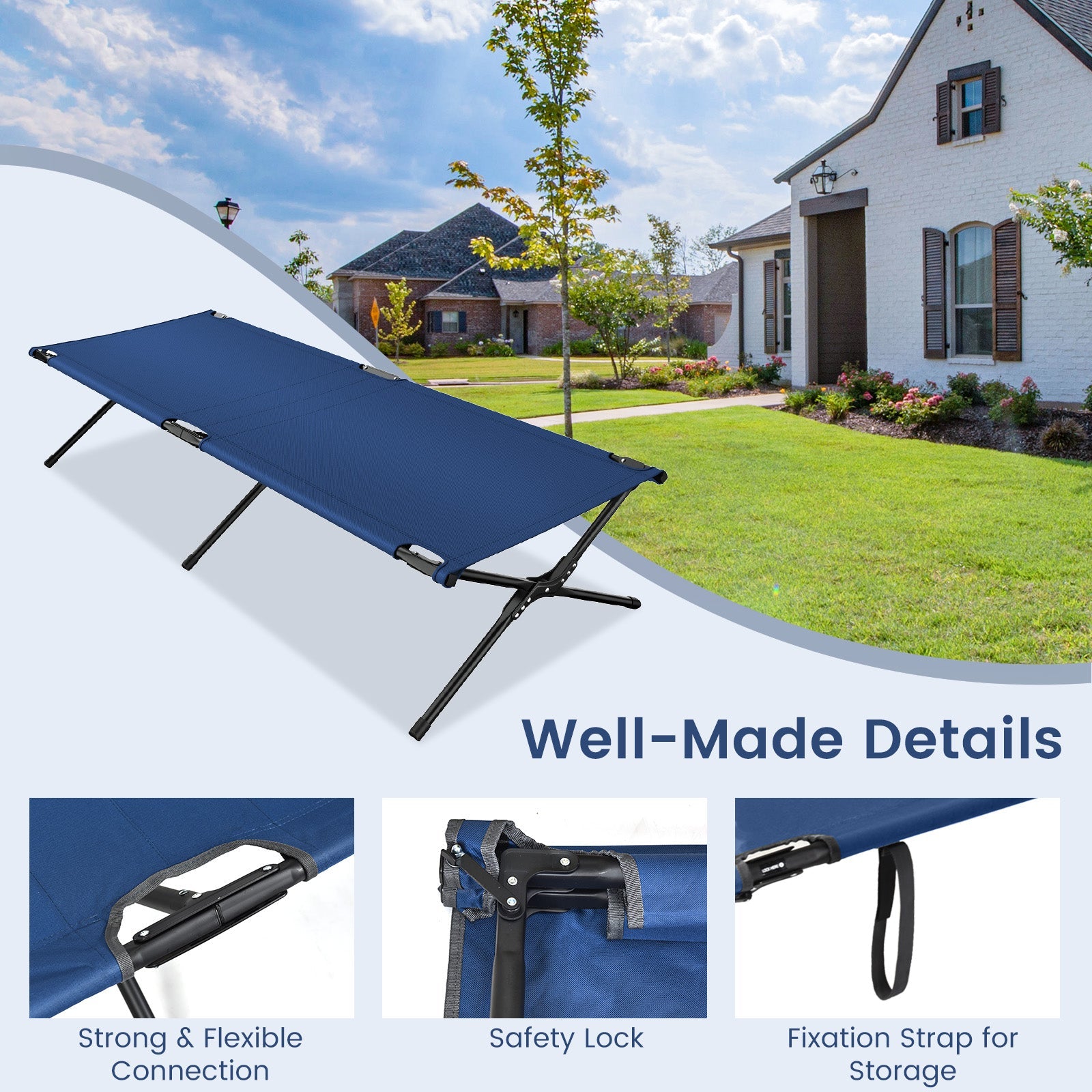 Adults Kids Folding Camping Cot GemGear blue fabric with metal frame portable on Tampa Home & Garden Store