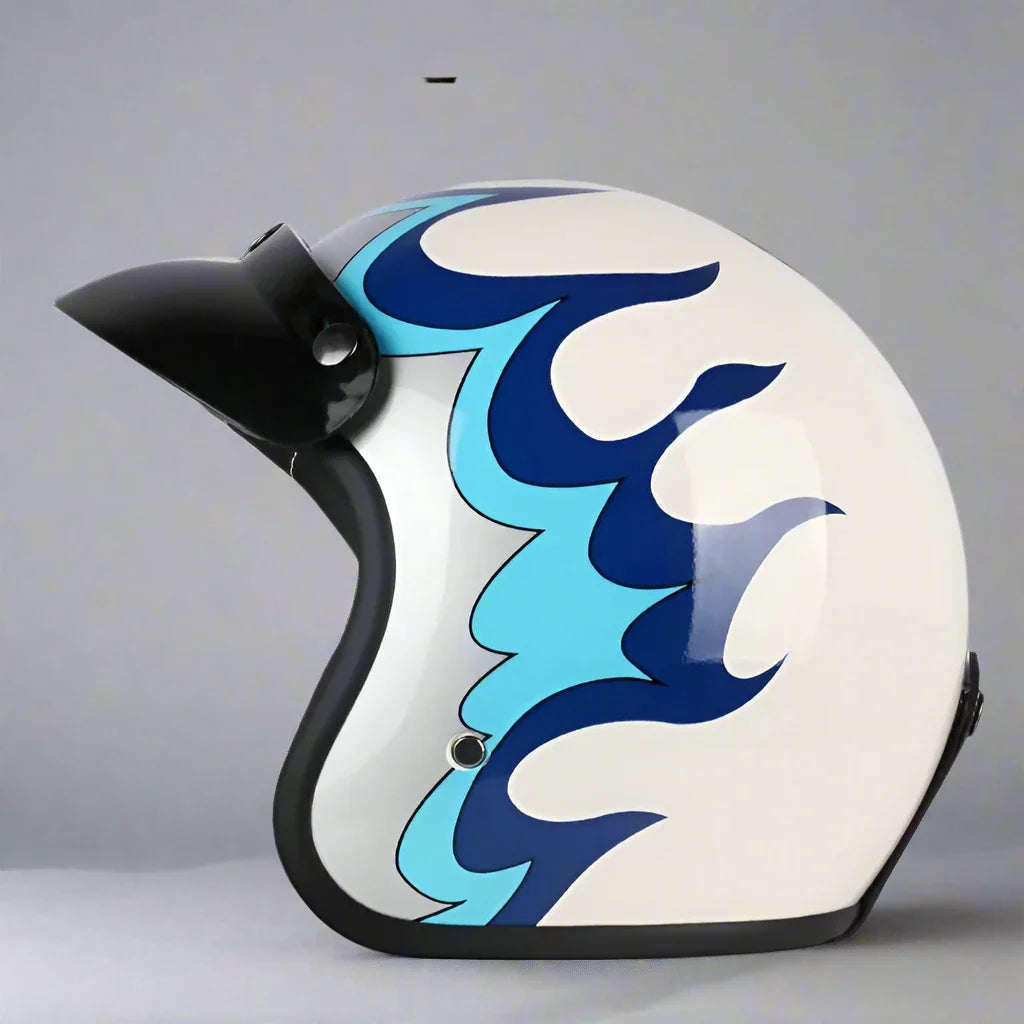 Vintage open-face helmet The Flame King white shell with blue teal flame graphic, black trim by BikerZoneZ on Tampa Home & Garden Store
