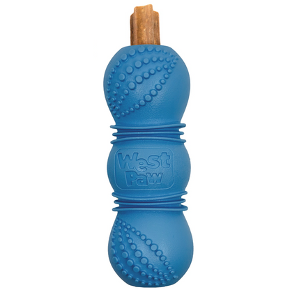 Flossr™ blue rubber dog toy by West Paw with knobby textured surface and wood chew insert on Tampa Home & Garden Store