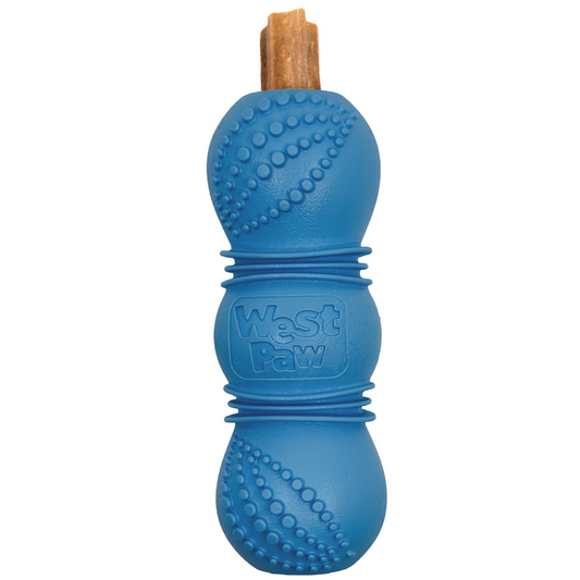 Flossr™ blue rubber dog toy by West Paw with knobby textured surface and wood chew insert on Tampa Home & Garden Store