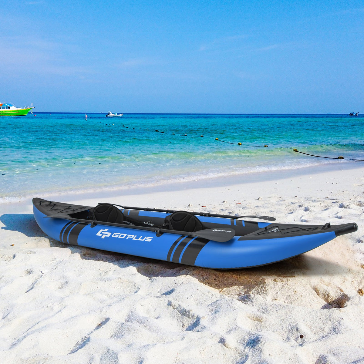 GoPlus GemGear inflatable blue 2-person kayak with aluminium oars on sand on Tampa Home & Garden Store