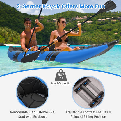 GemGear inflatable 2-person kayak in blue with aluminium oars and repair kit, two paddlers on Tampa Home & Garden Store