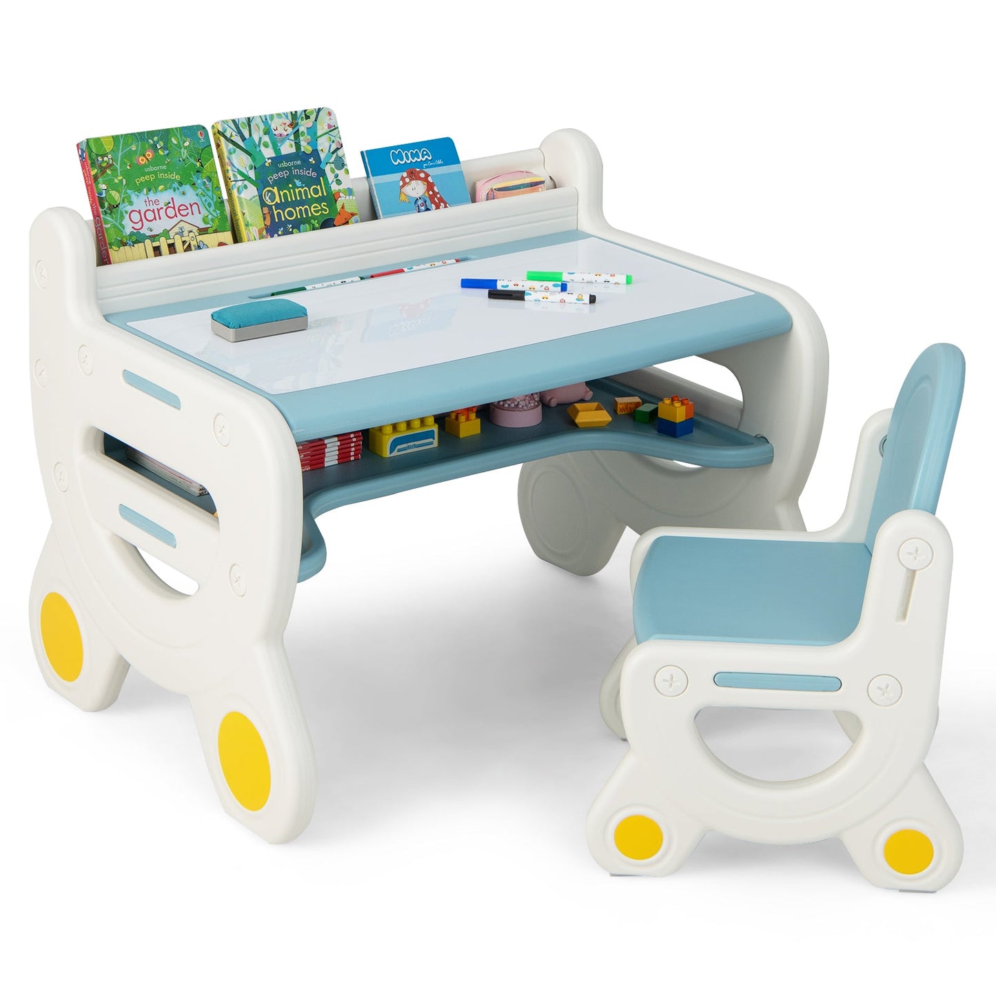 Kids Drawing Table and Chair Set with Watercolor Pens and Blackboard Eraser