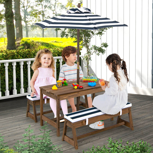 Kids Picnic Table and Bench Set with Cushions and Height Adjustable Umbrella - Tampa Home & Garden Store