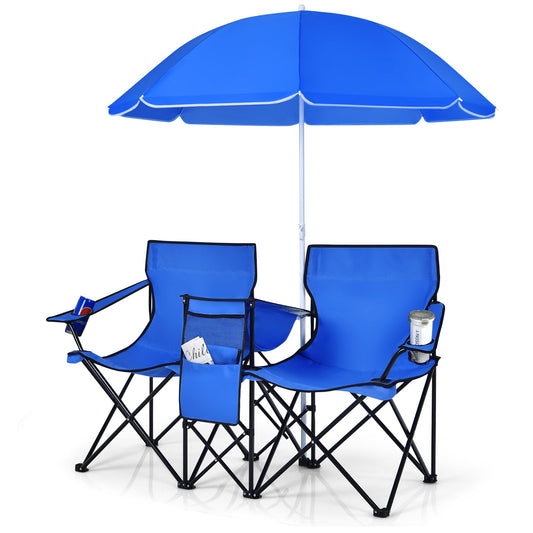GemGear portable folding picnic double chair set with two blue chairs and central umbrella on Tampa Home & Garden Store