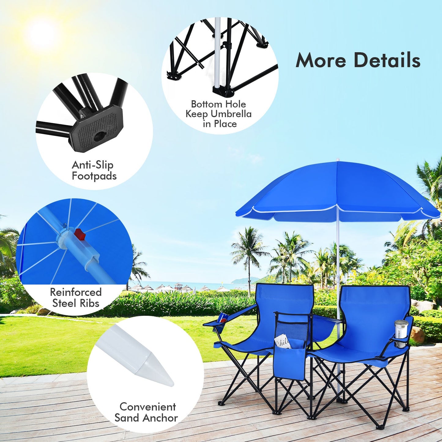 Silla doble de pícnic plegable portátil con sombrilla - Azul