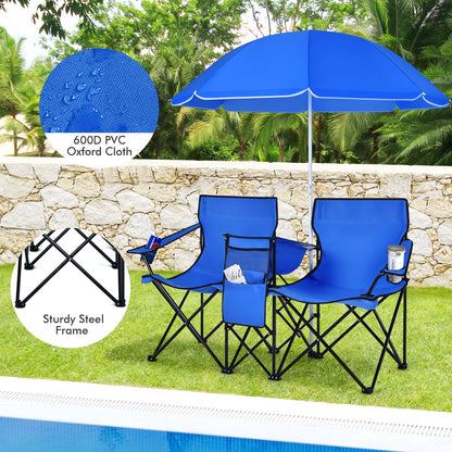 Silla doble de pícnic plegable portátil con sombrilla - Azul