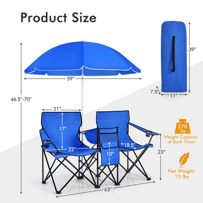Silla doble de pícnic plegable portátil con sombrilla - Azul