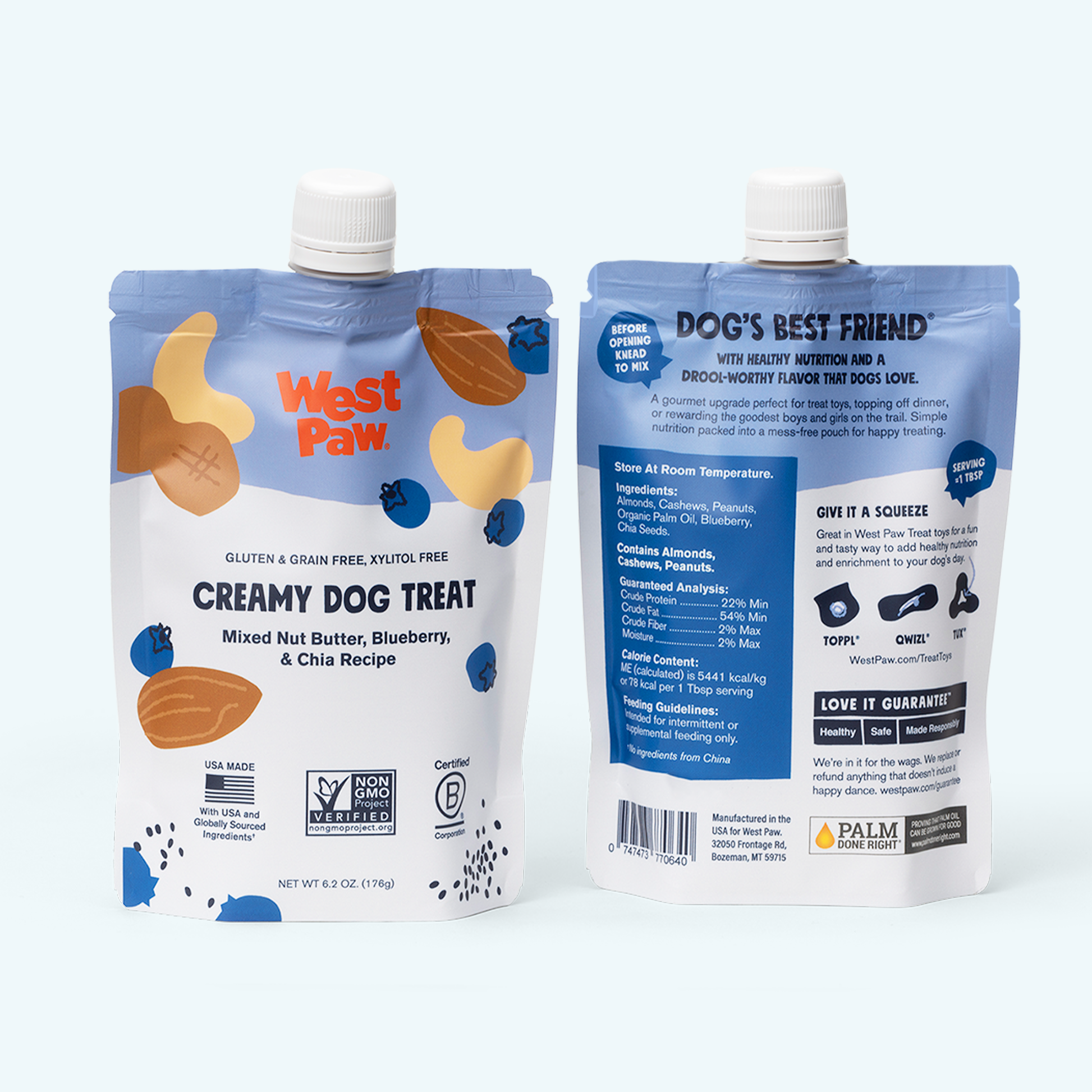Nut Butter Blueberry and Chia Seed dog treats pouches by West Paw two blue pouches on Tampa Home & Garden Store
