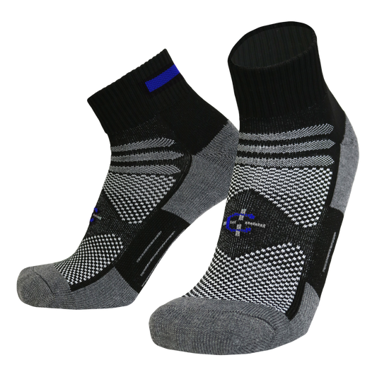 Blue Line Quarter Sock athletic sock by Covert Threads, black knit with blue stripe on Tampa Home & Garden Store